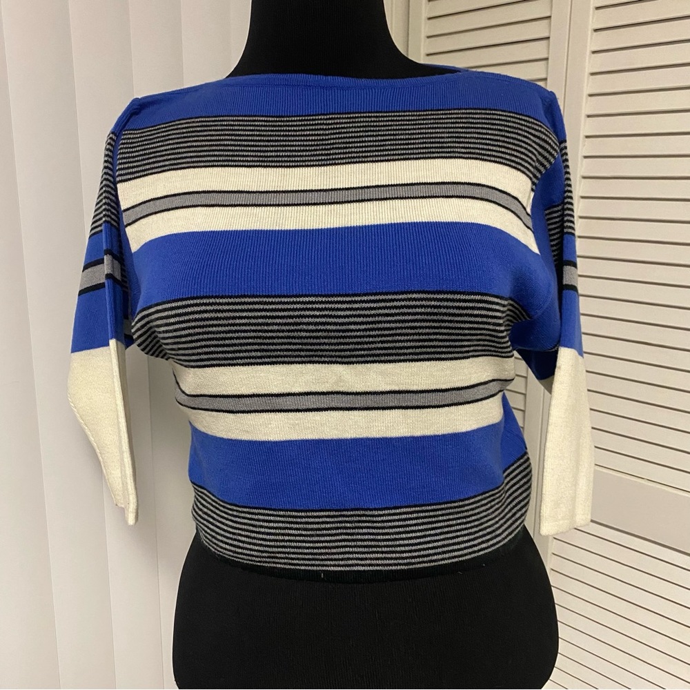 Vintage Jordache Striped Sweater Blue/Grey/White Horsehead Logo Size Large